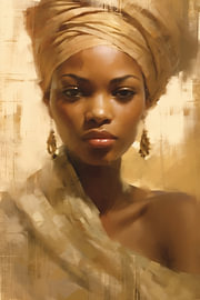 African woman wearing a gold and cream turban by Steinfox Art