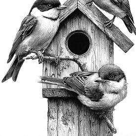Three Songbirds Perched on a Rustic Birdhouse Grayscale by NAIME ATELIER