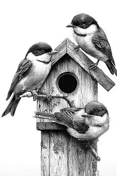 Trois oiseaux chanteurs perchés sur une maison d'oiseau rustique Niveaux de gris