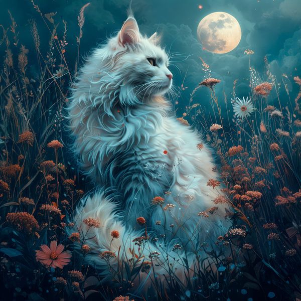 White Mystic Cat - Moon Meadow of the Night by Erika Kaisersot
