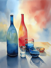 Modern Aquarel Stilleven: Flessen en Glazen in Levendige Kleurharmonie