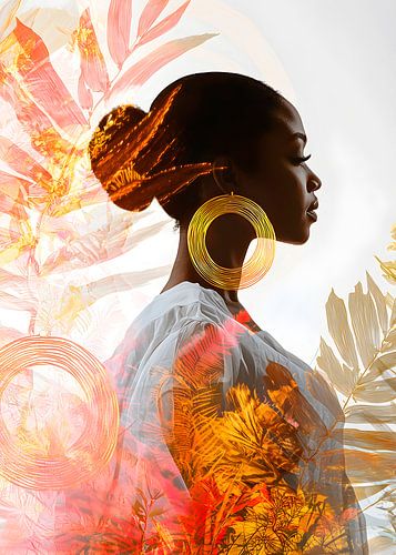 Art abstrait tropical représentant une femme noire et des feuilles colorées