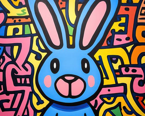 Blaues Tier | Verspieltes Kaninchen zwischen bunten Linien