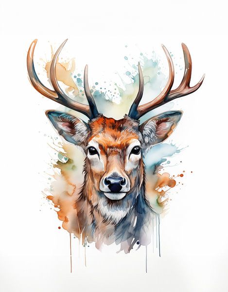 Aquarell des Kopfes eines Rothirsches von Margriet Hulsker