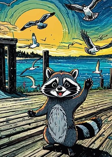 Cartoon Wasbeer op dok met meeuwen