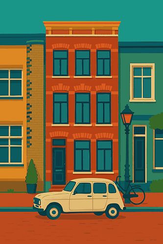 Illustration of Old Street with Renault 4 and Lamp Post - Vintage Wall Decoration