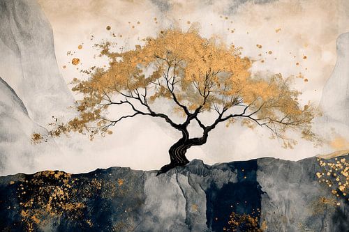 Zen : un bonsaï doré dans un paysage apaisant de style Japandi