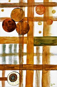 Sonne, Mond, Erde, Sterne. Handbemaltes Aquarell .