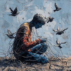 Surreal Distorted Figure Feeding Glass Birds Abstract Expressionist Acrylic Painting Emotional Chaos Concept Art by Aden Pink Studio