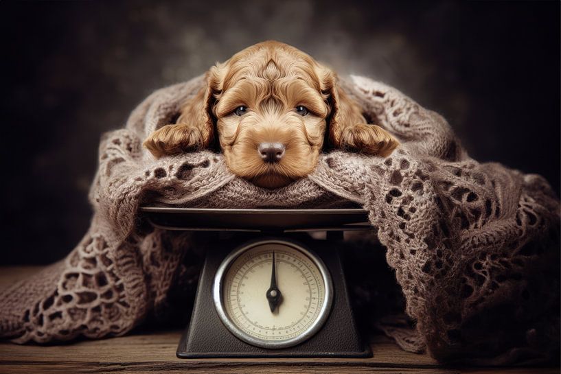 Labradoodle newborn puppy on a scale by Ellen Van Loon