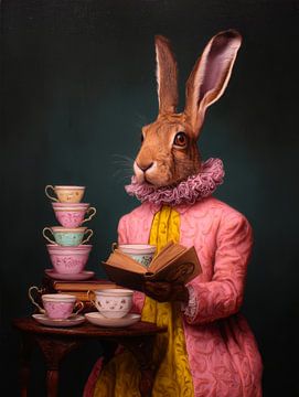 Lesehase mit märchenhaften Teetassen