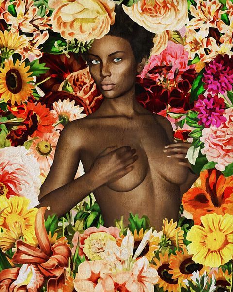 Frau der Welt - nackte afrikanische Frau umgeben von Blumen von Jan Keteleer