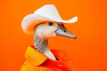 Chick in cowboy look in front of orange-coloured wall by Poster Art Shop
