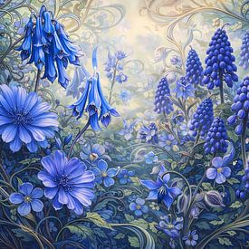 Blue flowers Art Nouveau by Linda de Klein