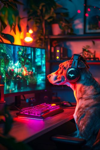 Hond op de spelcomputer in het lichte spel