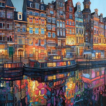 Maisons sur les canaux d'Amsterdam la nuit, en couleurs sur Tableaux ARTEO