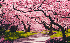 Frühling Baum Allee mit blühenden Kirschbäumen Illustration