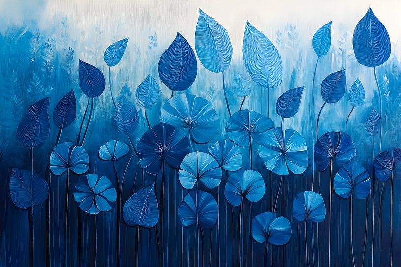 Peinture Nature | Peinture Bleue | Grande Peinture Salon | Peinture Feuilles par AiArtLand