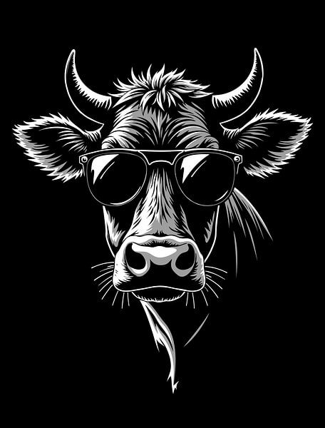 Cow Head with Sunglasses Black and White Illustration by Markus Gann