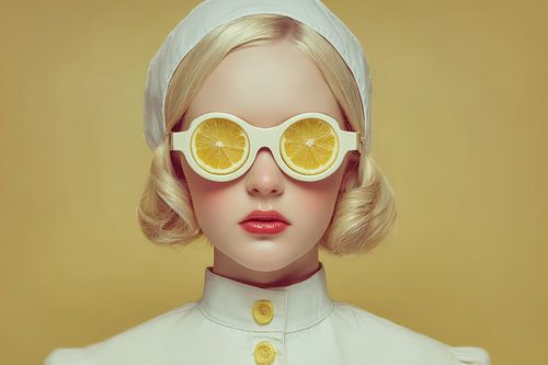 surrealistisch portret vrouw met citroen bril