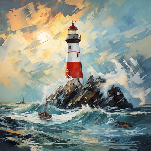 Vuurtoren bij een storm lichtblauw olieverf