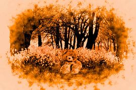 Teddybär in Landschaft von Leo Huijzer
