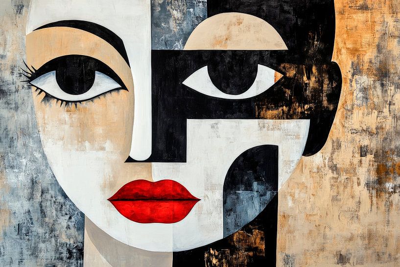 Abstract portret in zwart-wit met rood van Poster Art Shop