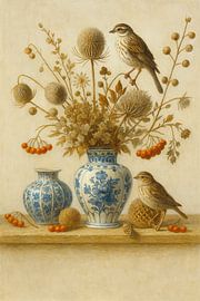 Birds at Delft blue vases by Kleurenrijk