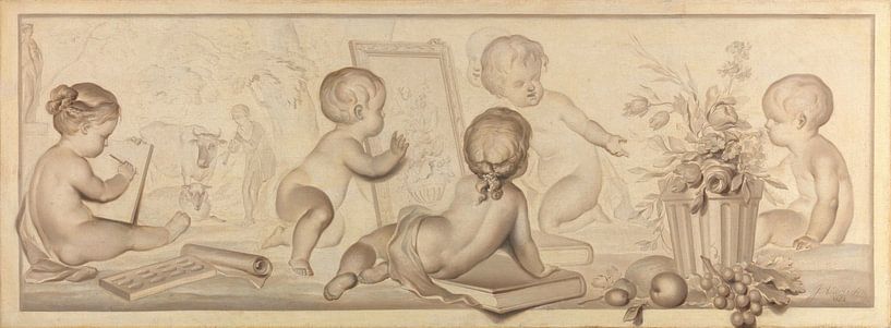 Six Putti with Flowers and Fruit and Attributes of the Art of Drawing, Jurriaan Andriessen by Masterful Masters
