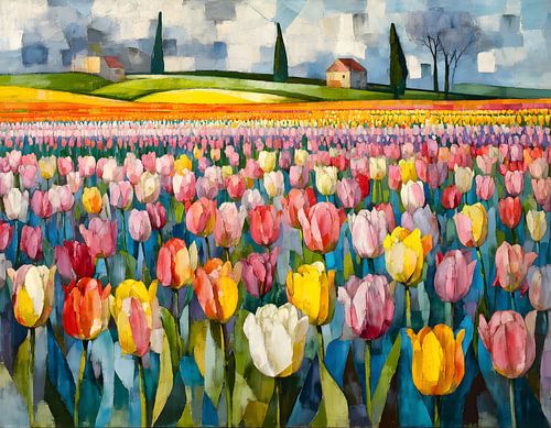 Tulpenvelden aan de rand van het dorp