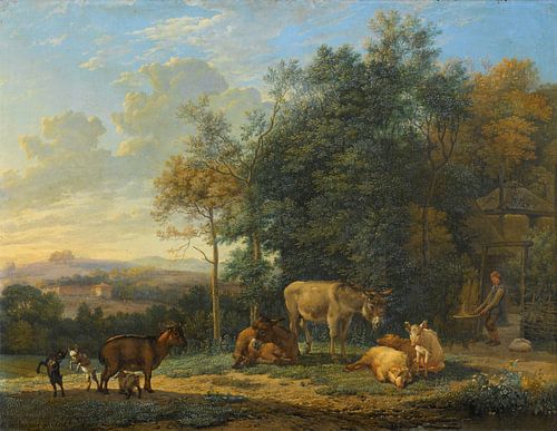 Landschap met twee ezels, geitjes en varkens, Karel du Jardin