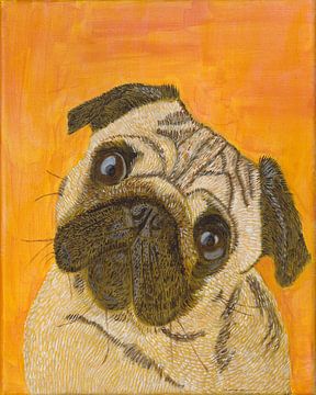 Hondenschilderij mopshond met grote ogen portret van Nelleke Bruno