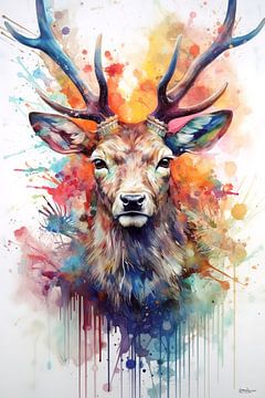 abstract kleurig aquarel van een hert. van Gelissen Artworks