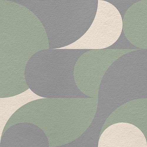 Géométrie inspirée du Bauhaus et du rétro des années 70 en gris, blanc et vert.