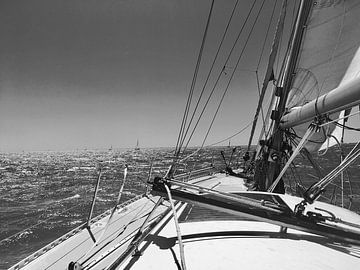 Sailingboat on the IJsselmeer black and white by Leonie Pereboom
