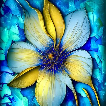 Bloem blauw goud  van Lily van Riemsdijk - Art Prints met Kleur