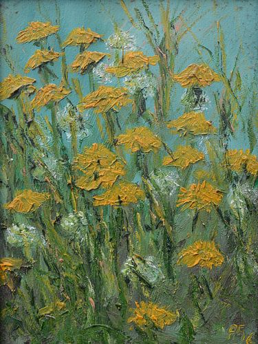 Minimalistisches Löwenzahn-Gemälde mit sanften Farben und einer ruhigen Ausstrahlung