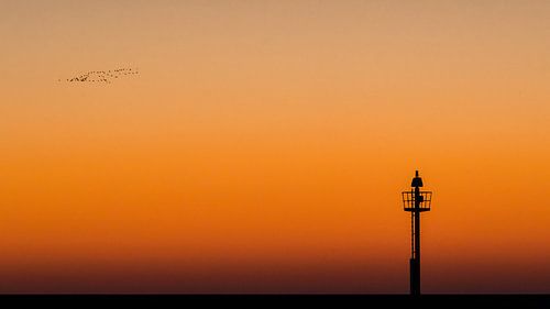 Minimalistisch beeld van lichtbaken op strekdam tijdens zonsondergang