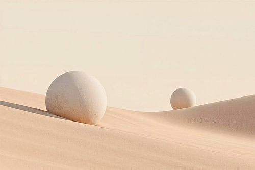 Abstrakte Dünenlandschaft mit Geometrischen Kugeln – Minimalistisches Sandkunst-Motiv