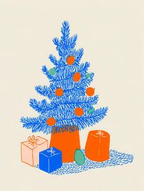 Arbre de Noël ludique avec des cadeaux - design joyeux et minimaliste dans des couleurs vives sur But First Framing