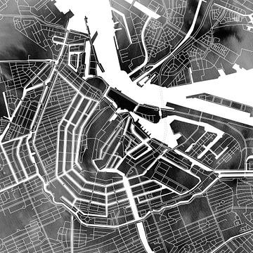 Grachtenring Amsterdam | Stadtplan auf monochromem Aquarell
