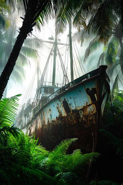 Abandoned ship in the jungle by Poster Art Shop