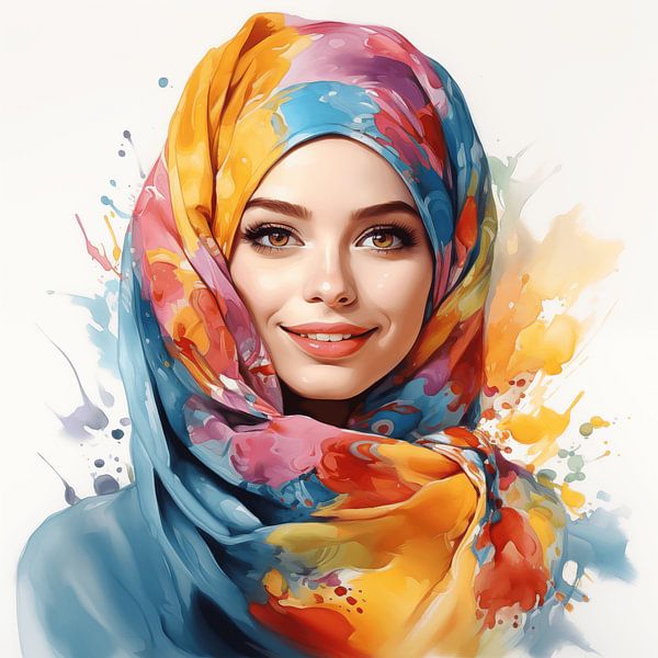 Porträt einer lächelnden muslimischen Frau mit buntem Kopftuch Aquarell-Kunst Design von Animaflora PicsStock