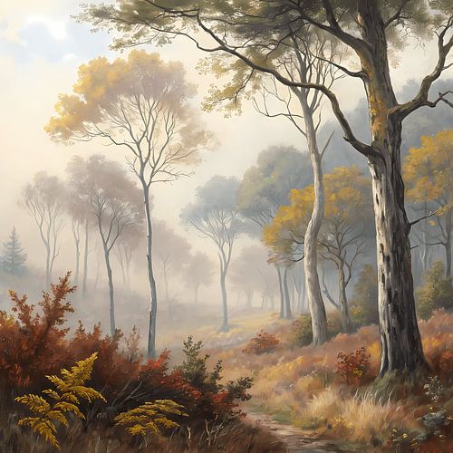 Fluisterend herfstlicht in het nevelige bos