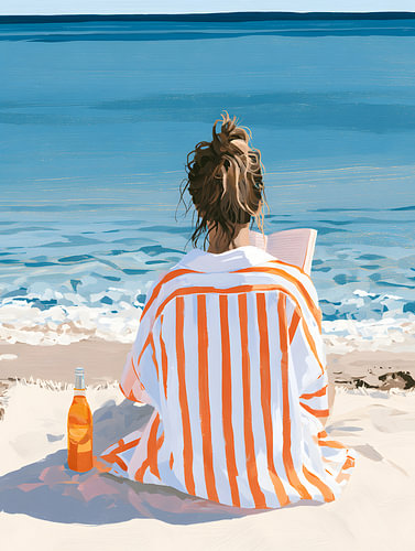 Vrouw in een gestreept shirt aan zee