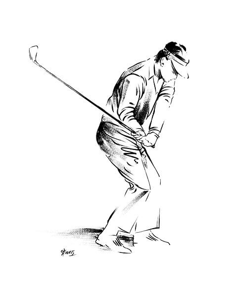 Illustration sportive d'un joueur de golf. Peinture acrylique noire sur papier par Galerie Ringoot