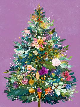 Festive floral Christmas tree in colourful botanical style by But First Framing