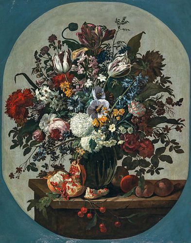 Bloemen in een vaas omringd door fruit, op een stenen richel, Gaspar Peeter Verbruggen de Oude