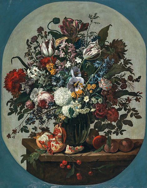 Blumen in einer Vase, umgeben von Früchten, auf einem Steinsockel, Gaspar Peeter Verbruggen der Älte von Meisterhafte Meister