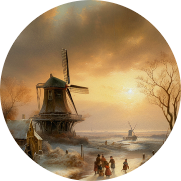 Hollands winterlandschap schilderij met molen van Preet Lambon